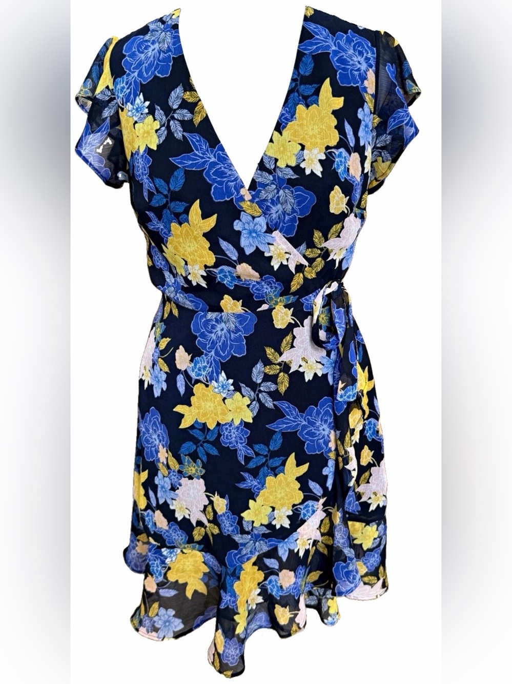 BANANA REPUBLIC Petite 0P Navy Blue Yellow Floral Wrap Chiffon Ruffle Dress